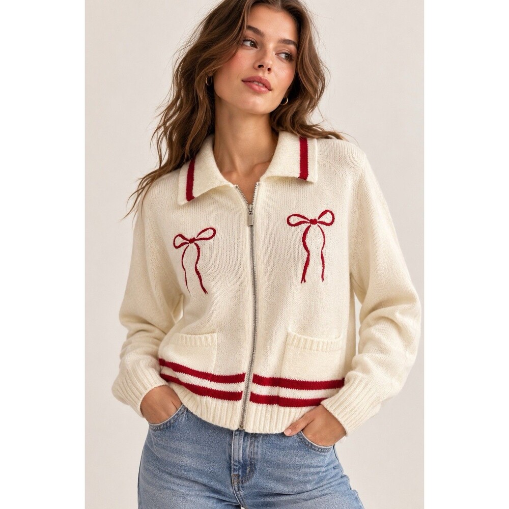Daisy May Cream Red Bow Embroidered Zip Cardigan Sweater Coquette Size L NWT